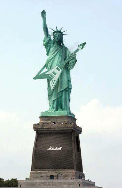 Photoshop of Lady Liberty Atop A Marshall Amp & Playing a Flying V Guitar
