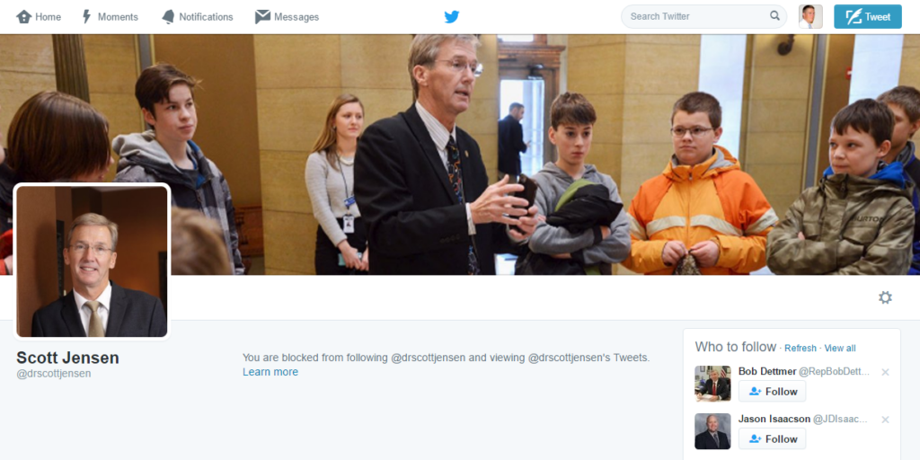 Screenshot: Senator Scott Jensen Blocked Me On Twitter