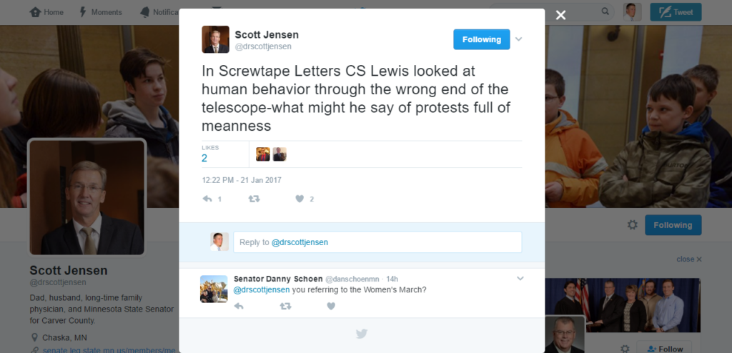 Screenshot: Senator Scott Jensen Screwtape Letters Tweet - 01.21.2017