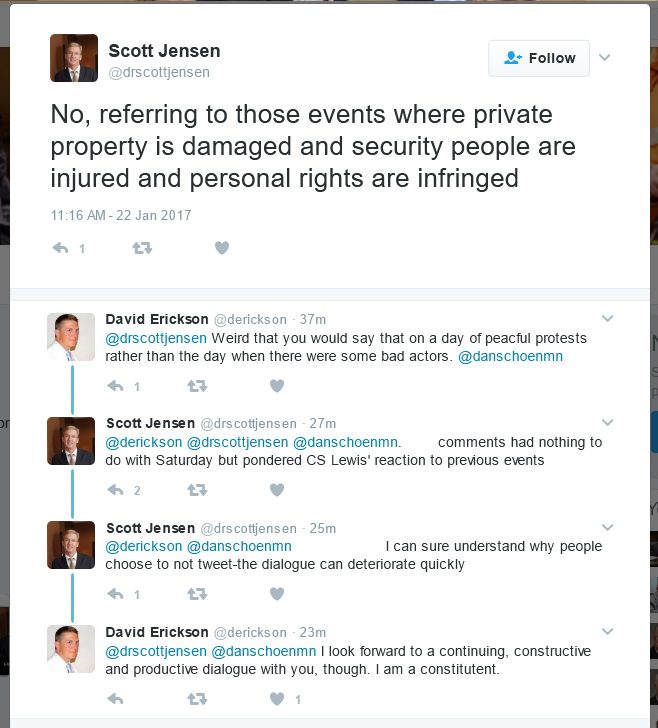 Screenshot: Senator Scott Jensen Tweet Exchange