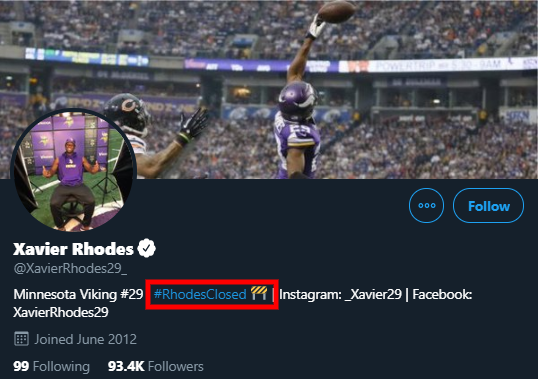 Screenshot: Xavier Rhodes Twitter bio